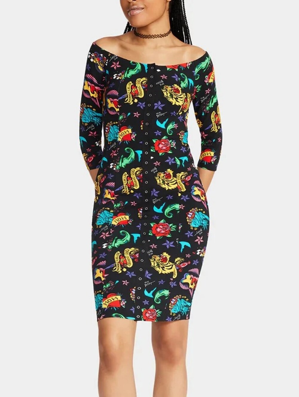 Betsey Johnson 80th Bash Off Shoulder Dress Tattoo, Size XXL NWT